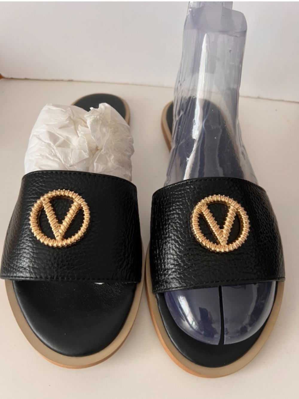 VALENTINO BY MARIO VALENTINO black leather flats embellished gold monogram